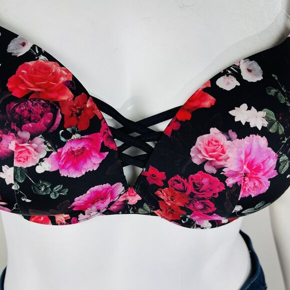 New Torrid Womans Sz 40DDD Push Up Plunge Bra Floral Underwire Black Pink NWT - Picture 7 of 11